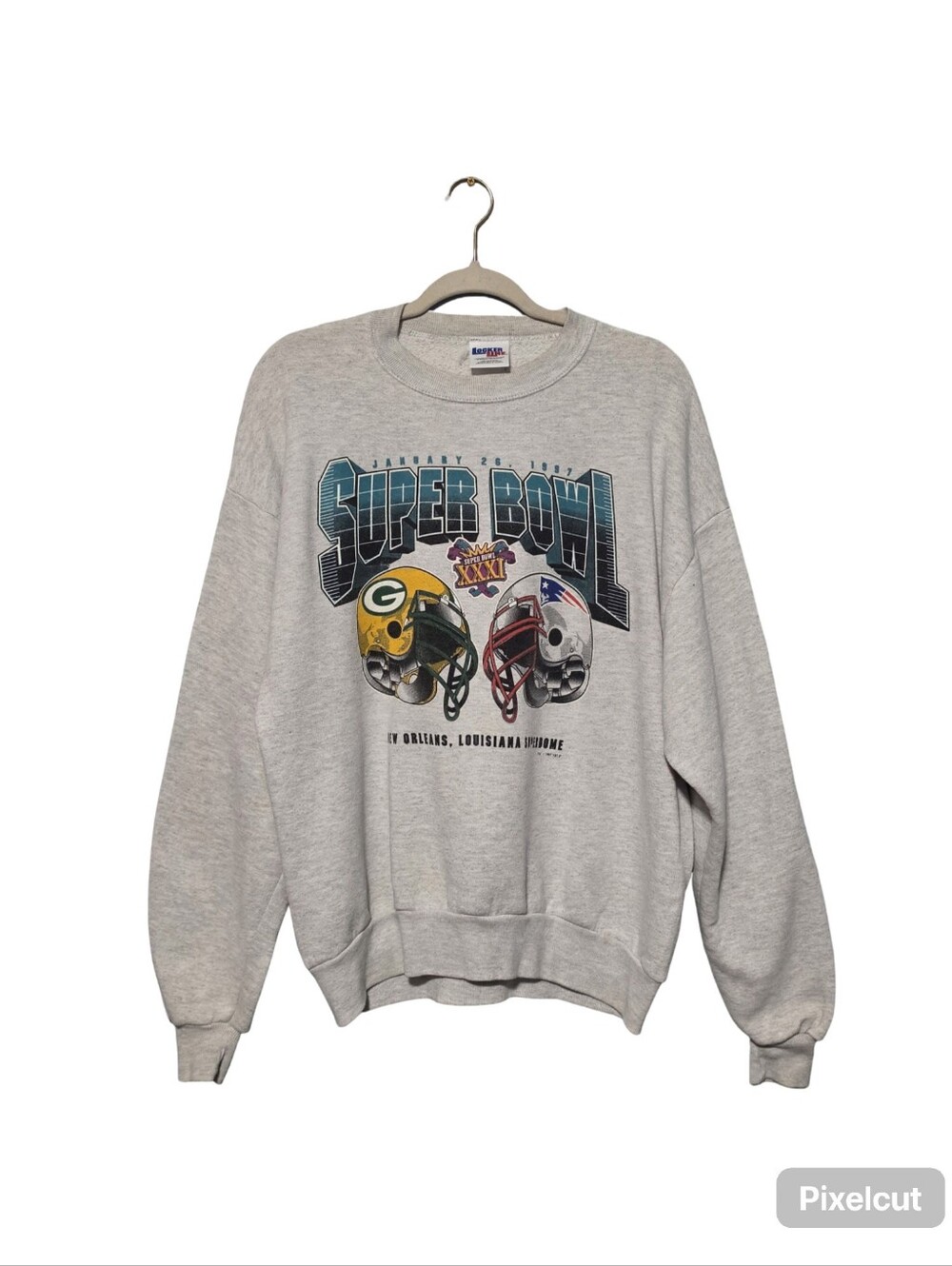 Super Bowl XXXI Crewneck Mens Large Gray Vintage 1997 Packers Patriots Football